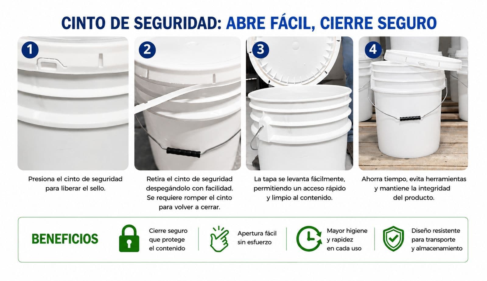Secuencia del cinto de seguridad Easy Open: presiona el cinto, levanta la tapa, acceso seguro y práctico, y despega el cinto.