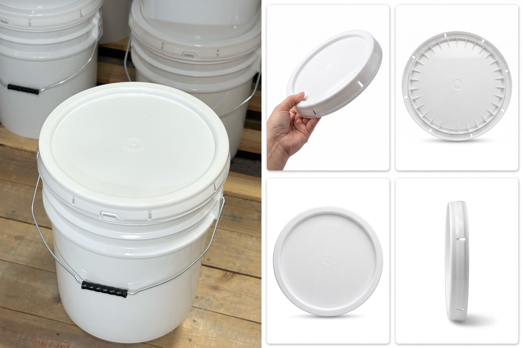 Cubeta industrial Scimmia 19L de HDPE virgen grado alimenticio con tapa Easy Open y asa galvanizada, junto al detalle de la tapa T19-LSM6A en cuatro vistas